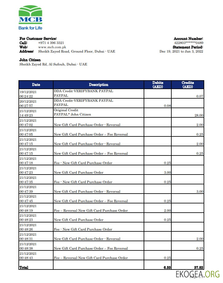 Relevé bancaire MCB des Émirats arabes unis xls